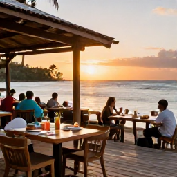 Caribbean Holidays, Martinique January Holidays, Outdoor restaurant beside a Martinique beach at sunset with Creole dishes, tropical drinks and relaxed diners