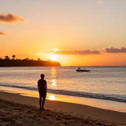 Caribbean Holidays, Martinique January Holidays, Peaceful Martinique sunset over a sandy beach with a solo traveller looking towards the sea