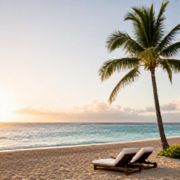 Caribbean Holidays, Martinique January Holidays, Quiet adults-only beachfront resort in Martinique at sunrise, with palm trees, calm turquoise sea and elegant loungers