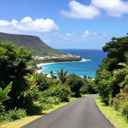 Caribbean Holidays, Martinique January Holidays, Scenic Martinique coastal road through lush tropical vegetation leading towards a dramatic bay and blue Caribbean sea