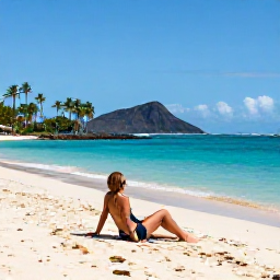 Caribbean Holidays, Martinique January Holidays, Solo traveller relaxing on a sunny Martinique beach in January, turquoise sea, palm trees and volcanic hills in the distance