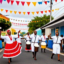 Caribbean Holidays, Martinique January Holidays, Traditional Martinique cultural celebration with Creole costumes, drummers, dancers and decorated streets in January