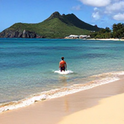 Caribbean Holidays, Martinique January Holidays, Traveller swimming at Anse Dufour beach in Martinique, clear water, golden sand and green hills