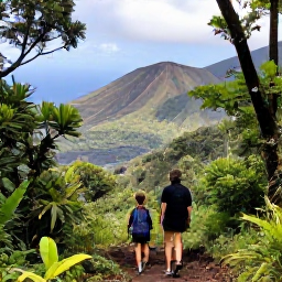 Caribbean Holidays, Martinique January Holidays, Travellers hiking through lush Martinique rainforest towards Mount Pel&eacute;e, with volcanic slopes, tropical foliage and distant sea views