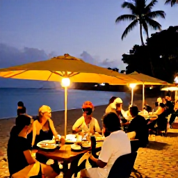 Caribbean Holidays, Martinique January, Relaxed January evening on a Martinique beach, with visitors enjoying local food, music and warm tropical light