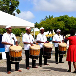 Caribbean Holidays, Martinique January, Traditional Martinique musicians performing outdoors with drums and dancers during a warm January cultural event
