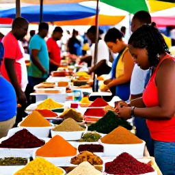 Caribbean Holidays, Martinique January, Visitors browsing colourful fresh produce, spices, handmade crafts and local food at a bustling January market in Fort-de-France