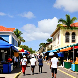 Caribbean Holidays, Martinique January, Visitors walking through the colourful streets and waterfront of Fort-de-France, Martinique, with market stalls, colonial buildings and tropical sunlight