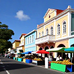 Caribbean Holidays, Martinique July Holidays, Colourful Fort-de-France street in Martinique with local market stalls, tropical fruit and historic French Caribbean architecture
