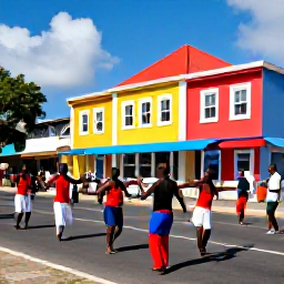 Caribbean Holidays, Martinique July Holidays, Colourful Martinique street festival in July with dancers, musicians and tropical Caribbean buildings