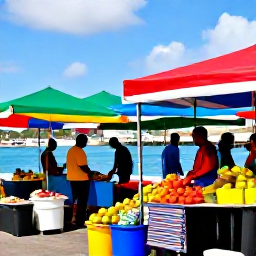 Caribbean Holidays, Martinique July Holidays, Fort-de-France waterfront and colourful market in July, with visitors browsing tropical fruit, spices and handmade crafts