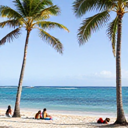 Caribbean Holidays, Martinique July Holidays, Relaxed Martinique beach with palm trees, clear water and visitors enjoying a warm July afternoon