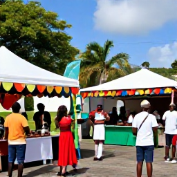 Caribbean Holidays, Martinique July Holidays, Visitors exploring a Martinique cultural festival with traditional music, local food stalls and colourful decorations