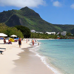 Caribbean Holidays, Martinique July Holidays, Visitors relaxing on a beautiful Martinique beach with clear water, sun loungers and green hills in the background
