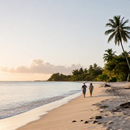 Caribbean Holidays, Martinique June Holidays, Couple walking along a quiet white-sand beach in Martinique at sunrise, with calm sea, tropical vegetation and soft golden light