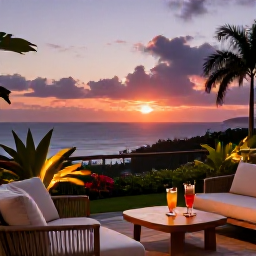 Caribbean Holidays, Martinique June Holidays, Elegant adults-only resort terrace in Martinique at sunset, with two drinks, comfortable seating, tropical plants and a glowing Caribbean horizon