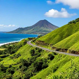 Caribbean Holidays, Martinique June Holidays, Scenic Martinique coastline with lush green hills, a winding road and the volcanic Mount Pel&eacute;e in the distance under a clear tropical sky
