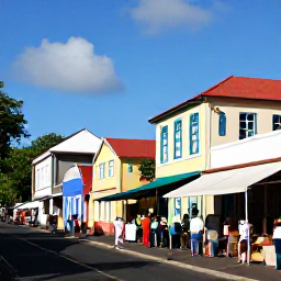 Caribbean Holidays, Martinique June Spots, Colourful colonial houses and a lively market street in Fort-de-France, Martinique, during a sunny June morning