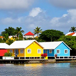 Caribbean Holidays, Martinique June Spots, Colourful wooden houses, tropical plants and a small waterfront in the village of Sainte-Anne, Martinique