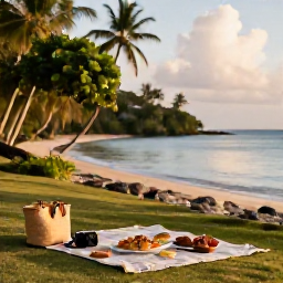 Caribbean Holidays, Martinique June Spots, Golden-hour picnic beside a calm Martinique beach, with tropical greenery, local food and a camera on a woven bag