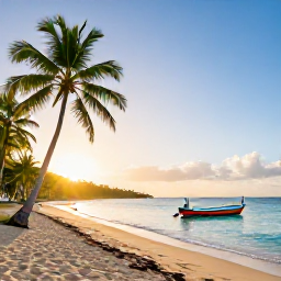 Caribbean Holidays, Martinique June Spots, Sunrise over a quiet Martinique beach in June, with turquoise water, palm trees and a colourful fishing boat