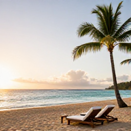 Caribbean Holidays, Martinique Luxury, A luxurious beachfront resort in Martinique at sunrise, with palm trees, calm turquoise sea and elegant sun loungers