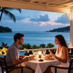 Caribbean Holidays, Martinique Luxury Holidays, Couple dining at an elegant open-air Martinique restaurant, with fresh seafood, tropical dishes and softly lit tables near the sea