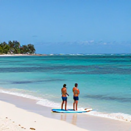 Caribbean Holidays, Martinique Luxury Holidays, Couple enjoying a quiet luxury beach day in Martinique, with paddleboard, white sand and clear Caribbean water