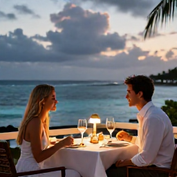 Caribbean Holidays, Martinique Luxury Holidays, Couple enjoying a sophisticated dinner on a Martinique terrace overlooking the sea at dusk