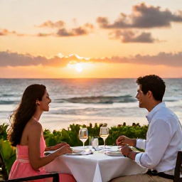 Caribbean Holidays, Martinique Luxury Holidays, Couple enjoying a sunset dinner at an elegant Martinique restaurant overlooking the Caribbean Sea
