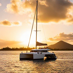 Caribbean Holidays, Martinique Luxury Holidays, Couple enjoying a sunset sailing cruise off Martinique, luxury catamaran, golden sky and volcanic coastline in the background