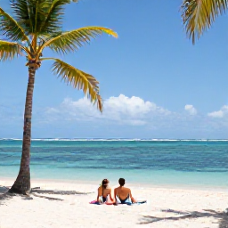 Caribbean Holidays, Martinique Luxury Holidays, Couple relaxing on a quiet Martinique beach in January, with white sand, palm trees and sparkling blue Caribbean water