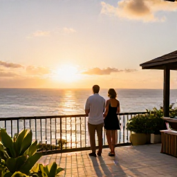 Caribbean Holidays, Martinique Luxury Holidays, Couple watching a golden sunset from a stylish Martinique hotel terrace overlooking the Caribbean Sea