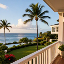 Caribbean Holidays, Martinique Luxury Holidays, Elegant luxury hotel balcony in Martinique overlooking the Caribbean Sea at golden hour, with lush gardens and palm trees
