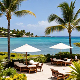 Caribbean Holidays, Martinique Luxury Holidays, Elegant luxury hotel overlooking a turquoise Caribbean bay in Martinique, with palm trees and a stylish terrace