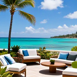Caribbean Holidays, Martinique Luxury Holidays, Elegant luxury hotel terrace overlooking a turquoise Martinique bay in October sunshine, with palms and comfortable outdoor seating
