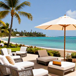 Caribbean Holidays, Martinique Luxury Holidays, Elegant luxury resort overlooking a turquoise Caribbean bay in Martinique, February sunshine, palm trees and stylish outdoor seating
