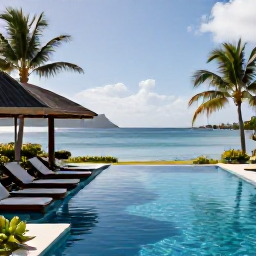 Caribbean Holidays, Martinique Luxury Holidays, Elegant luxury resort pool overlooking a calm Caribbean bay in Martinique, with loungers and tropical gardens