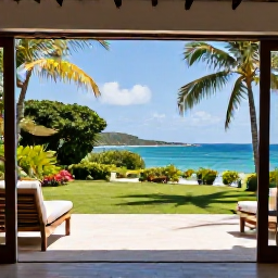 Caribbean Holidays, Martinique Luxury Holidays, Elegant Martinique hotel suite with private terrace overlooking a tropical garden and Caribbean coastline