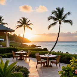 Caribbean Holidays, Martinique Luxury Holidays, Elegant Martinique hotel terrace overlooking a tropical bay at sunset, with dining tables and lush gardens