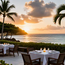 Caribbean Holidays, Martinique Luxury Holidays, Elegant Martinique hotel terrace overlooking a tropical bay at sunset, with outdoor dining and discreet luxury