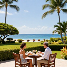 Caribbean Holidays, Martinique Luxury Holidays, Elegant Martinique hotel terrace overlooking a tropical garden and Caribbean coastline, with a couple enjoying breakfast