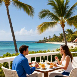 Caribbean Holidays, Martinique Luxury Holidays, Elegant Martinique hotel terrace overlooking a turquoise bay, palm trees and a couple enjoying breakfast in December sunshine