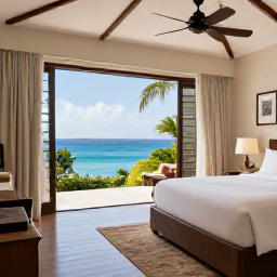 Caribbean Holidays, Martinique Luxury Holidays, Elegant Martinique resort bedroom opening onto a private terrace with a sea view and tropical garden