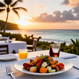 Caribbean Holidays, Martinique Luxury Holidays, Elegant Martinique restaurant terrace at sunset, serving colourful Creole seafood dishes with views across the Caribbean Sea