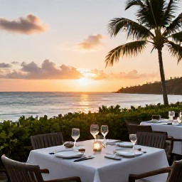 Caribbean Holidays, Martinique Luxury Holidays, Elegant Martinique restaurant terrace at sunset, serving French-Caribbean cuisine with sea views and tropical surroundings