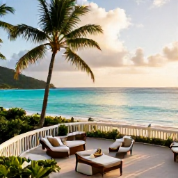 Caribbean Holidays, Martinique Luxury Holidays, Luxury beachfront hotel in Martinique at golden hour, turquoise sea, palm trees and elegant terrace