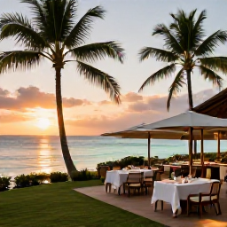 Caribbean Holidays, Martinique Luxury Holidays, Luxury beachfront hotel in Martinique at sunset, with palm trees, calm turquoise sea and elegant outdoor dining