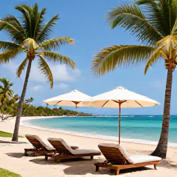 Caribbean Holidays, Martinique Luxury Holidays, Luxury beachfront hotel in Martinique during July, with turquoise sea, palm trees and elegant sun loungers