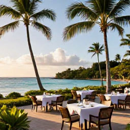 Caribbean Holidays, Martinique Luxury Holidays, Luxury beachfront resort in Martinique at golden hour, with palm trees, turquoise sea and elegant outdoor dining